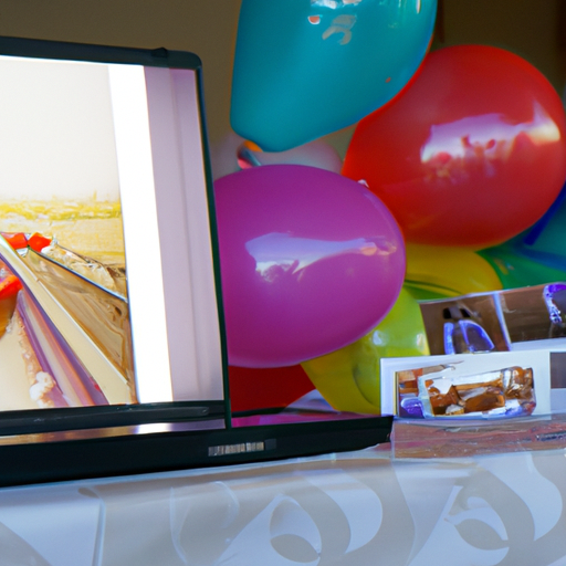3. תמונה המציגה אלמנטים שונים של מצגת יום הולדת - בלונים, עוגה, מוזיקה ומצגת תמונות