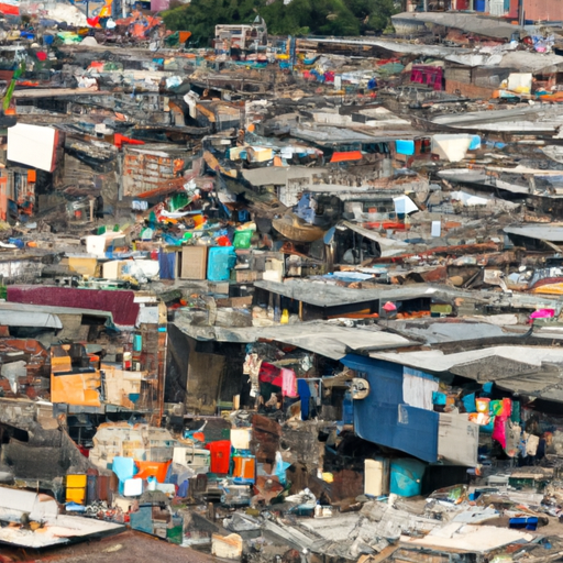 תמונה שלכדת שכונת עוני עירונית צפופה עם מתקני תברואה גרועים בעליל.